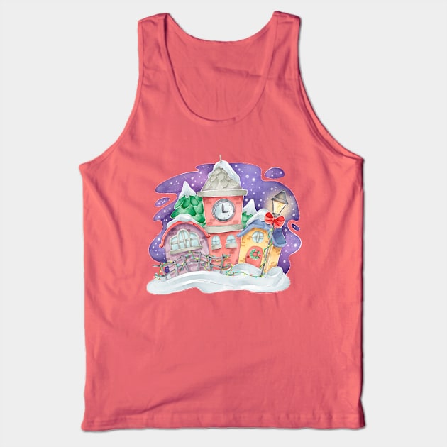 Christmas Watercolor Town Tank Top by Mako Design 